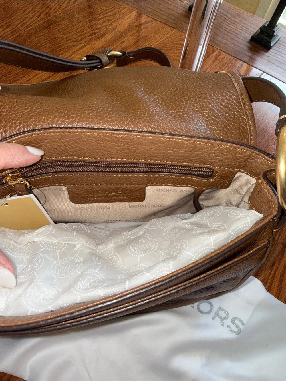 Michael Kors James Brown Pebbled Leather Crossbody with Gold Chain Accent new!